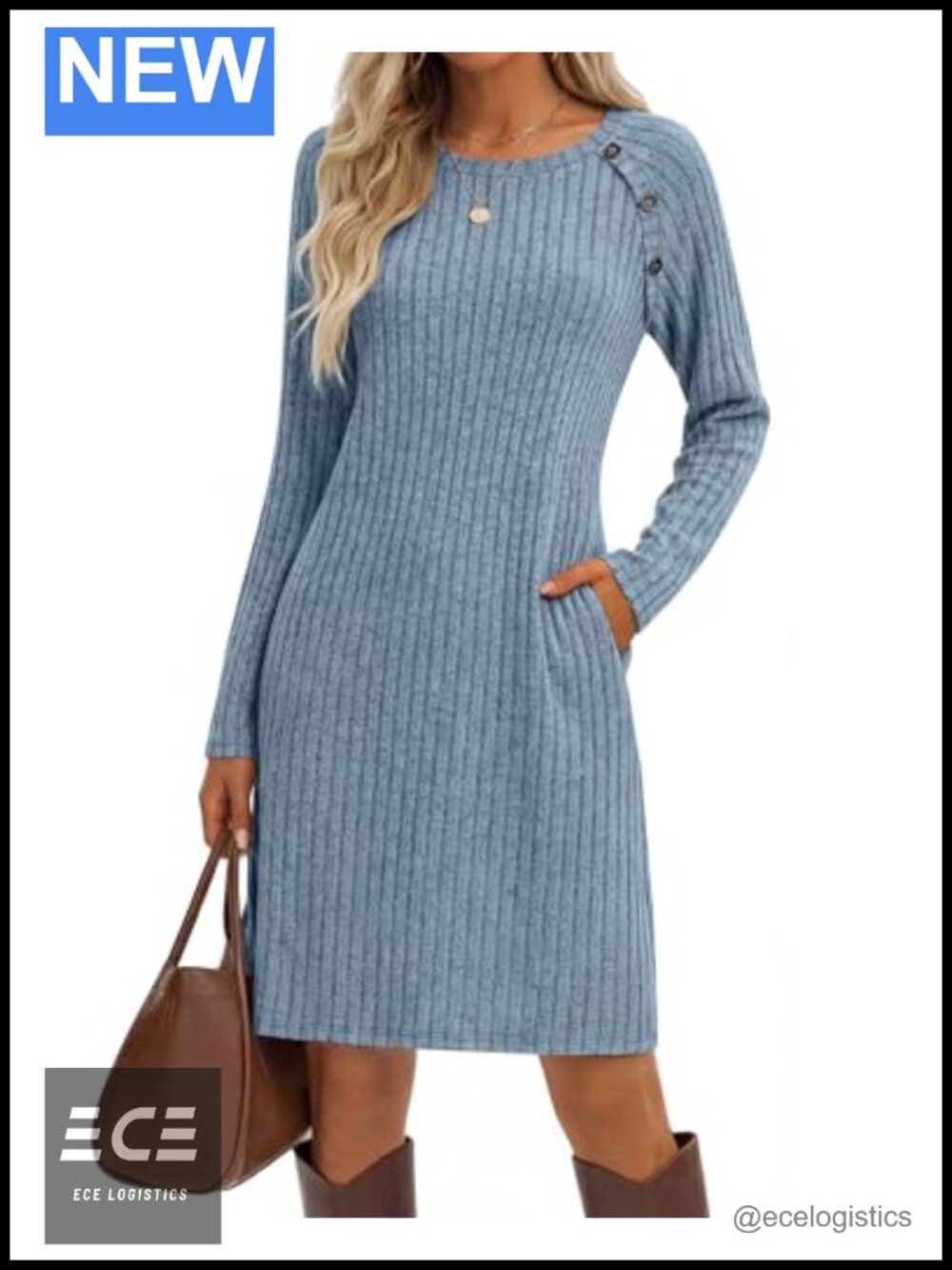 Long Sleeve Sweater Dress Crew Neck Button Pockets Knit Casual